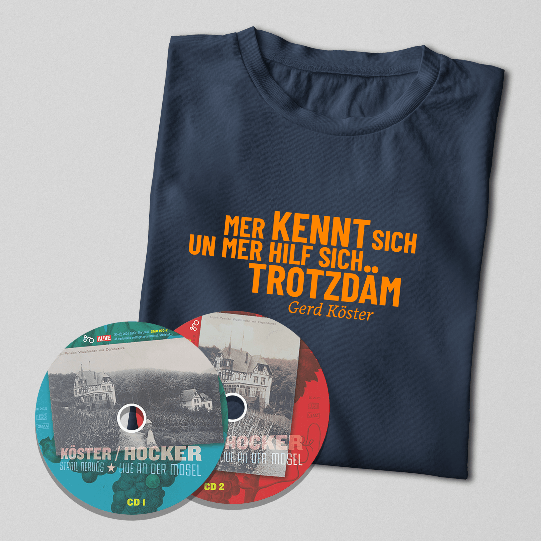 T-Shirt-CD-Bundle Gerd Köster – "Mer kennt sich un mer hilf sich trotzdäm" + "Stabil Nervös (Live an der Mosel)" (Kopie)