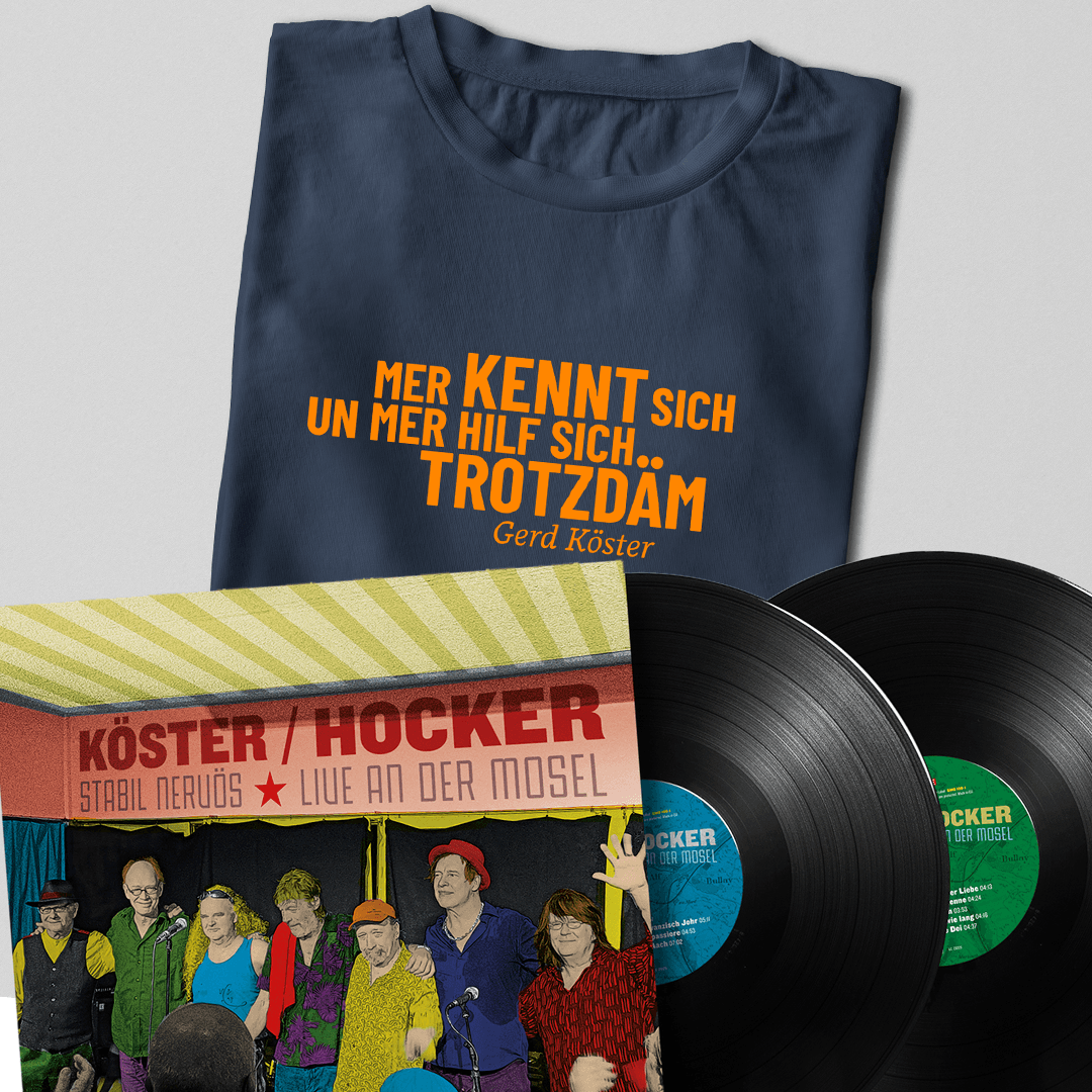 T-Shirt-Vinyl-Bundle Gerd Köster – "Mer kennt sich un mer hilf sich trotzdäm" + "Stabil Nervös (Live an der Mosel)"